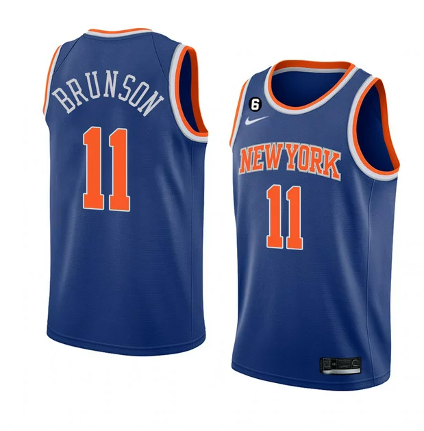 Men's New Yok Knicks #11 Jalen Brunson Blue With NO.6 Patch Stitched Basketball Jersey - Click Image to Close